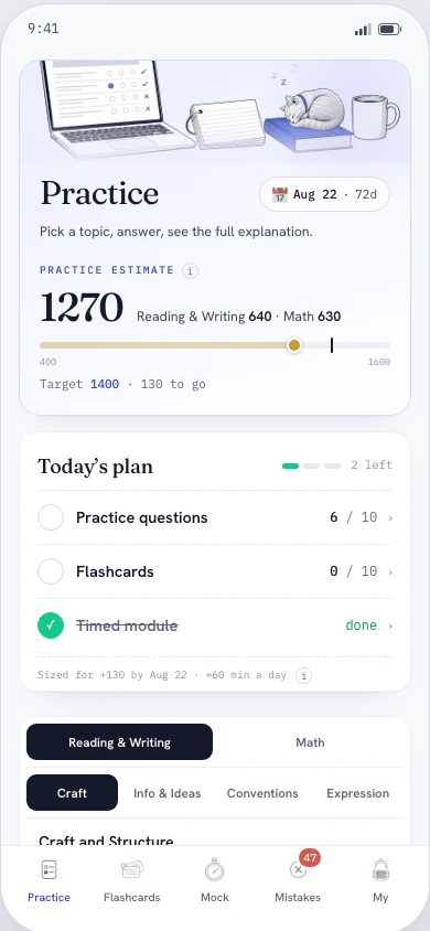 The PrepScore study home on a phone — practice estimate and today’s plan